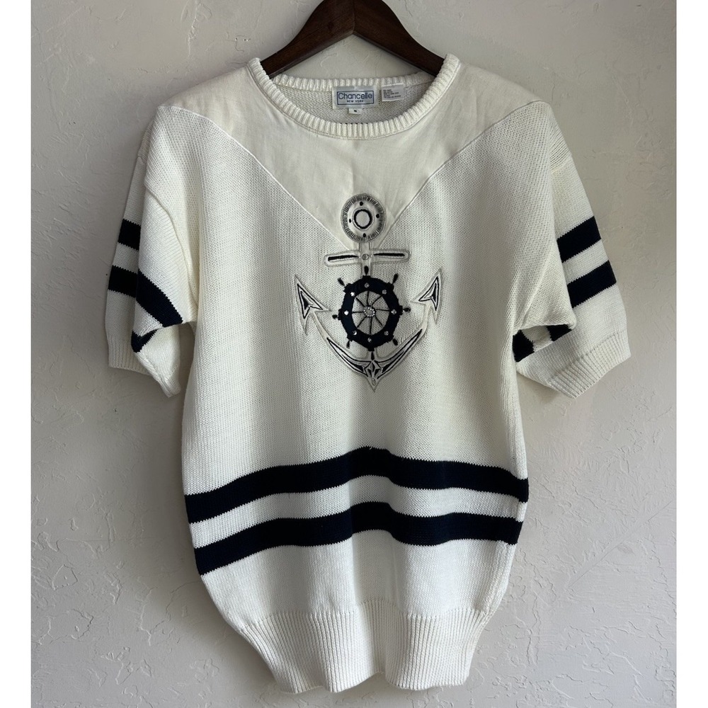 Vintage 80s 90s Chancelle New York Nautical Sweater S Oversized Coastal Preppy